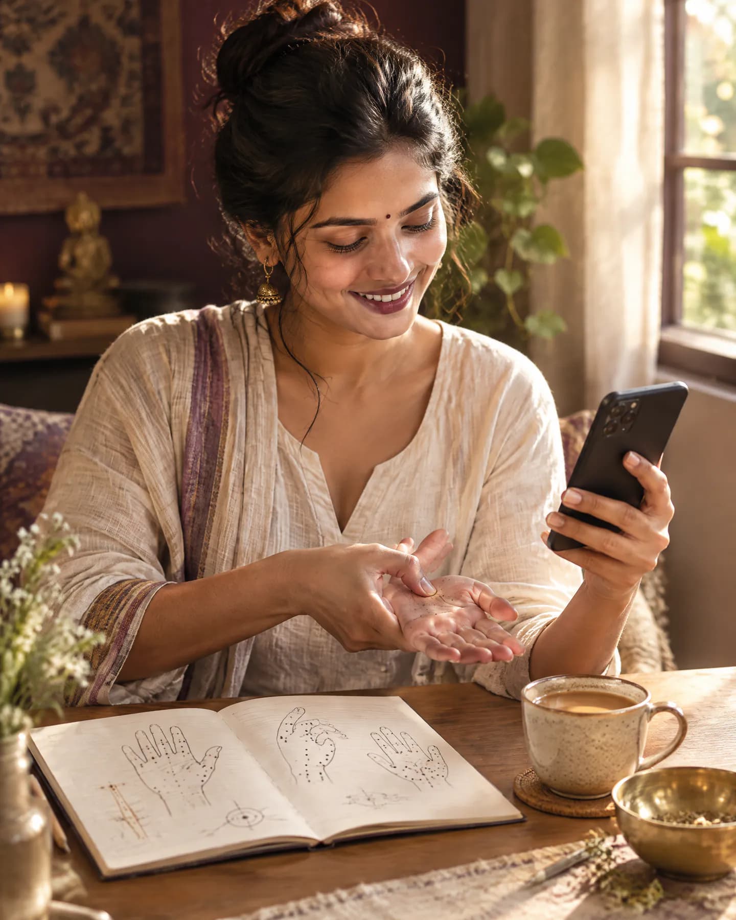A learner following a lesson on her phone while practising a point on her palm