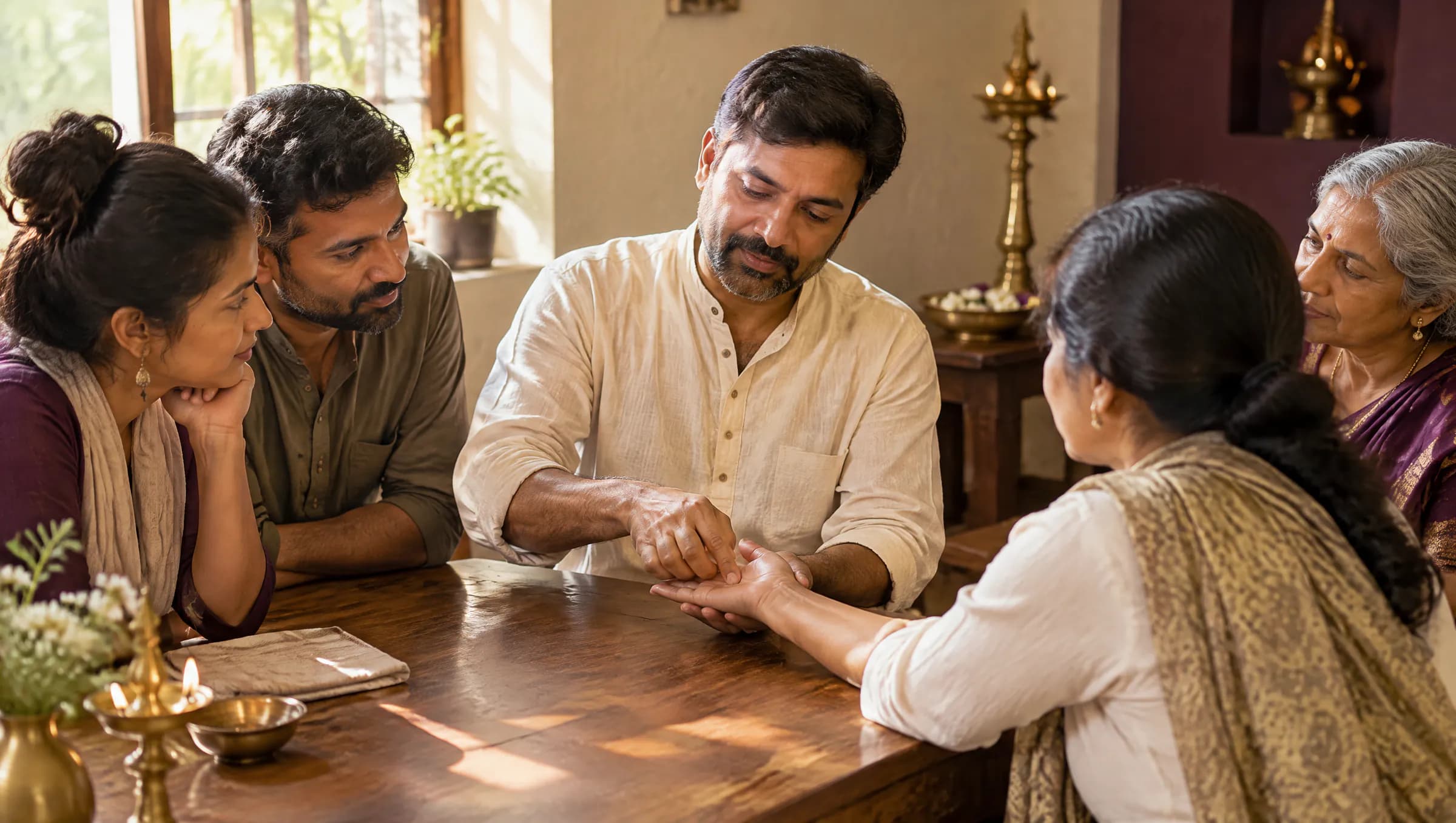 A teacher demonstrating an acupressure point on a student's hand to a small group